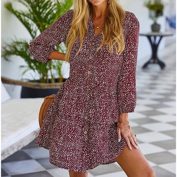 MBM Unlimited Dresses & Skirts - Red Confetti Print Button Down Shift Dress
